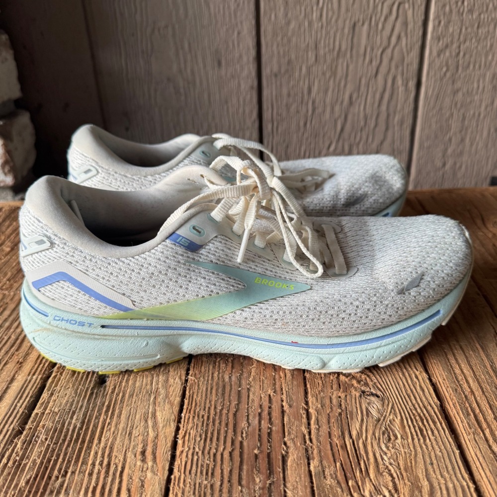 Brooks Ghost 15 Womens Running Shoes White Blue Lime 1203801B130 Size 9.5